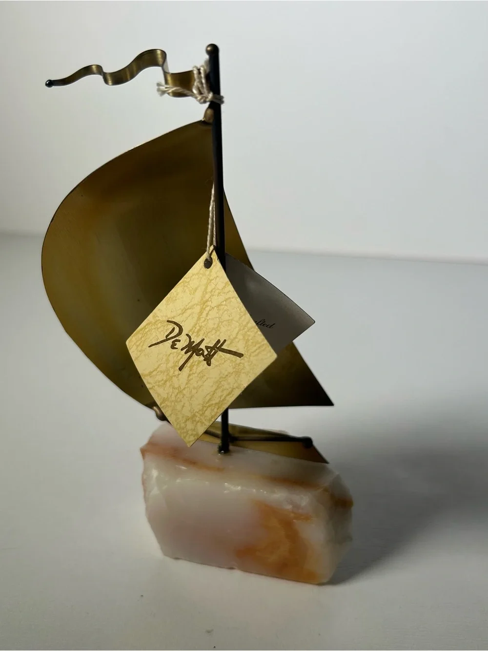VTG John DeMott Signed Mid Century Brass Sailboat Sculpture Onyx Base 7” W/Tag